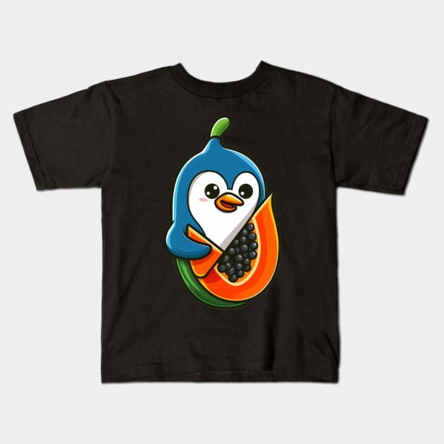 Papaya Penguin Paradise: Whimsical Fruit and Arctic Charm Kids T-Shirt by abdelDes